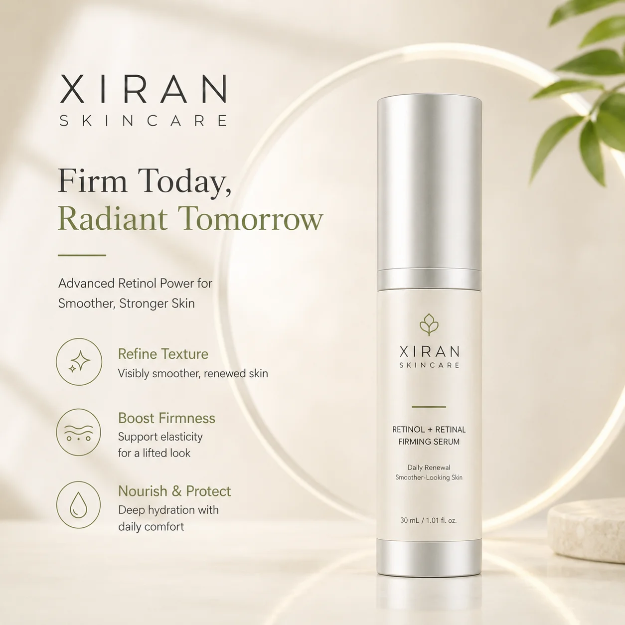 Promotional image of XIRAN Skincare Retinol + Retinal Firming Serum bottle with descriptions about smoother, renewed skin benefits.